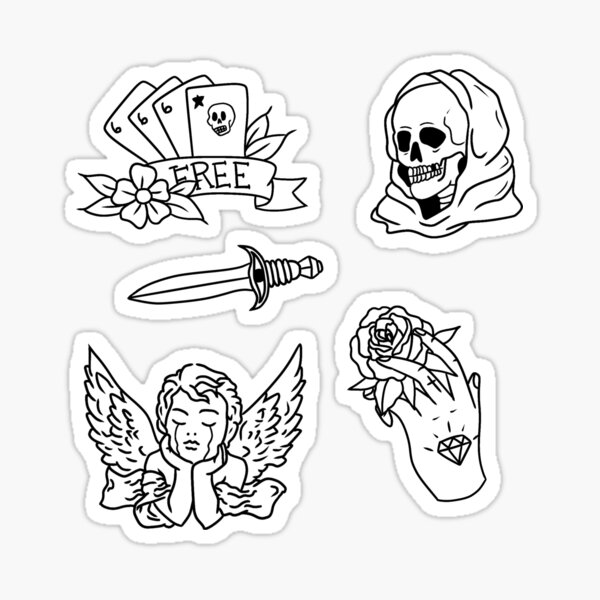 Grunge stickers  Tattoo flash sheet, Black and white stickers, Tattoo  flash art