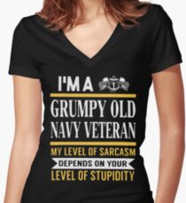 i'm a grumpy old navy veteran my level of sarcasm depends on your level t-shirts Women's Fitted V-Neck T-Shirt
