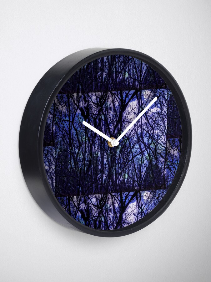 Thumbnail 1 of 4, Clock, Dark Purple Forest - Purple Blue and Black Bare Tree Landscape designed and sold by OneDayArt.