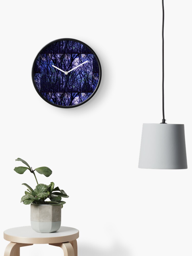 Thumbnail 2 of 4, Clock, Dark Purple Forest - Purple Blue and Black Bare Tree Landscape designed and sold by OneDayArt.