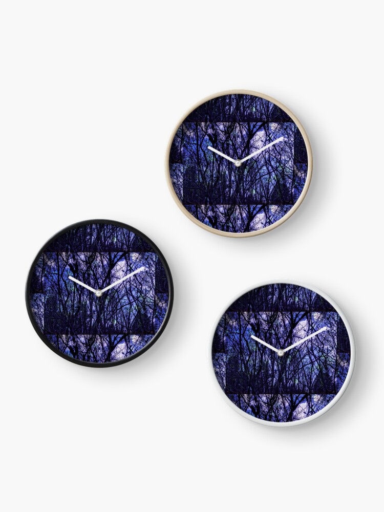Thumbnail 3 of 4, Clock, Dark Purple Forest - Purple Blue and Black Bare Tree Landscape designed and sold by OneDayArt.