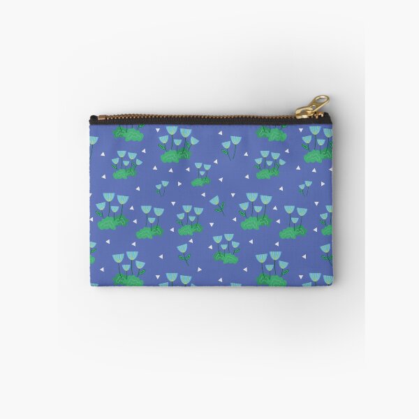Item preview, Delicate floral print with blue flowers and green leaves on a background of white triangles designed and sold by Martapp.