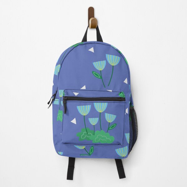 Item preview, Delicate floral print with blue flowers and green leaves on a background of white triangles designed and sold by Martapp.