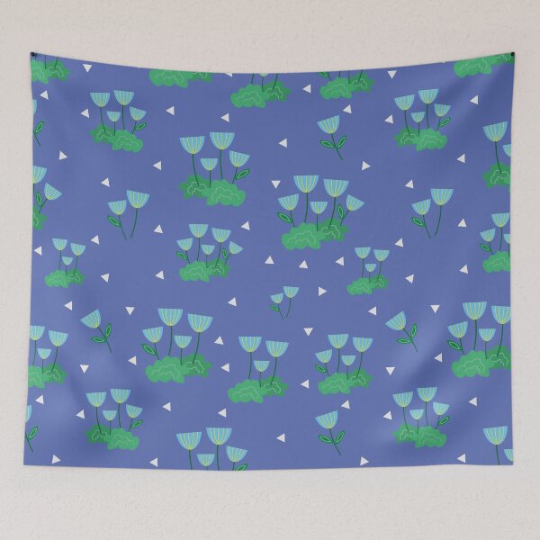Item preview, Delicate floral print with blue flowers and green leaves on a background of white triangles designed and sold by Martapp.