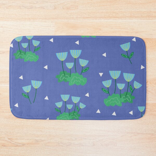 Item preview, Delicate floral print with blue flowers and green leaves on a background of white triangles designed and sold by Martapp.