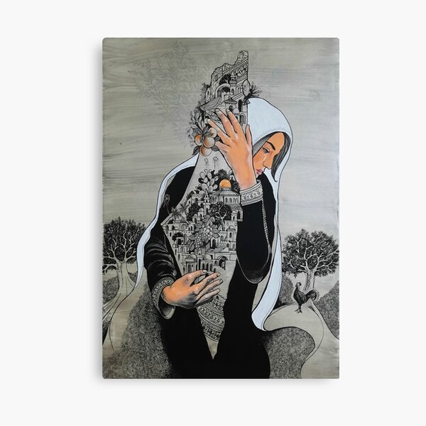 Vista previa del artículo con la obra «Pintura de mujer palestina protegiendo la tierra de Palestina», diseñado y vendido por Hurriyyatee.