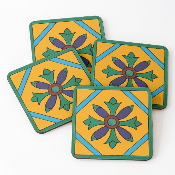 Item preview, Bold color block blue flower geometric neo mexican talavera tile    designed and sold by T-Mex.