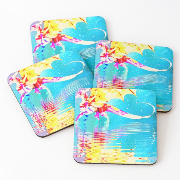 Item preview, Rainbow colored bright fire dragon walks across a reflective beach of light blue and pink designed and sold by Laree  Jones.