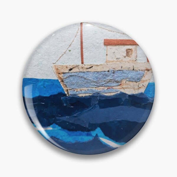 Item preview, Collaged Fishing Boat on Blue Sea designed and sold by Kathy Gales.