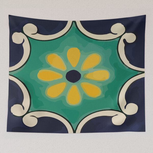 Item preview, Navy flower retro frame mexican talavera tile home decor designed and sold by T-Mex.