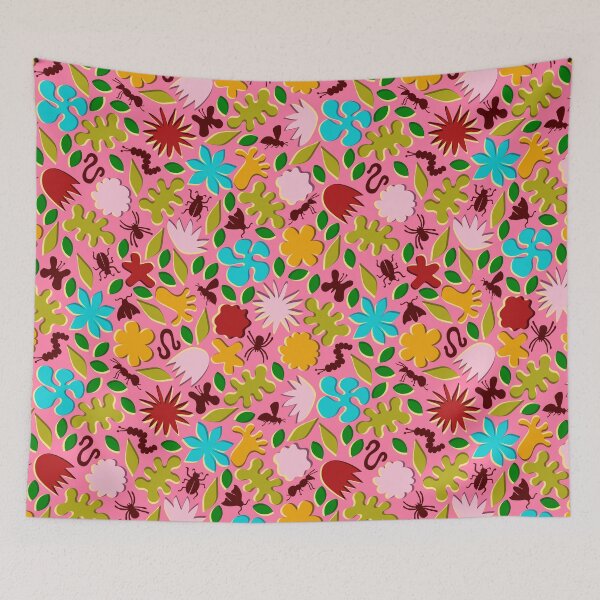 Item preview, "Retro Bugs" Cute Pink Red Yellow Green Blue Adorable Colorful Designer Flower Print designed and sold by victoriabdesign.