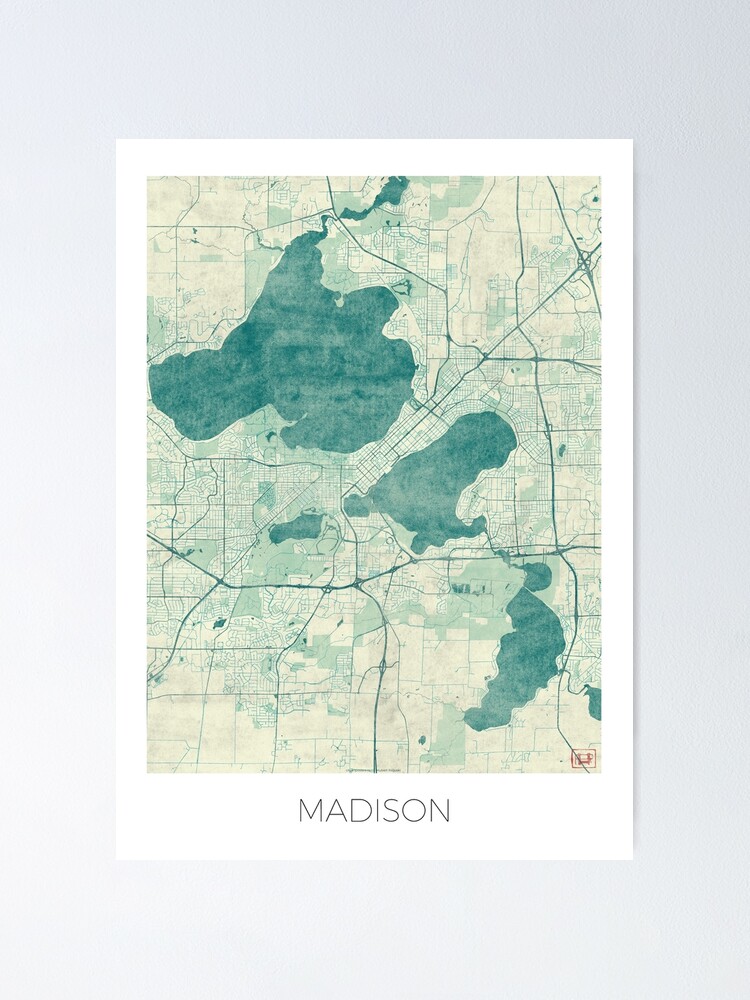 Thumbnail 2 of 3, Poster, Madison Map Blue Vintage designed and sold by HubertRoguski.