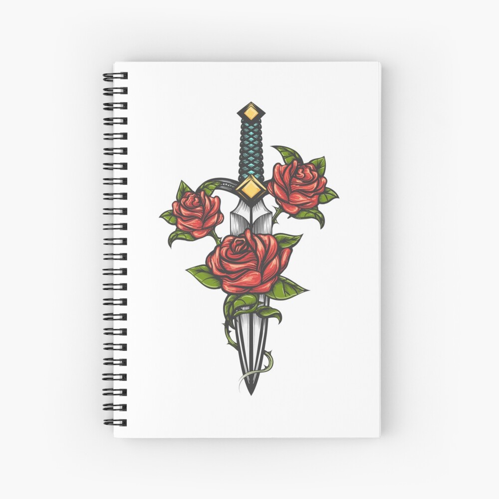 Dagger Knife and Rose Flowers Drawn in Tattoo Style