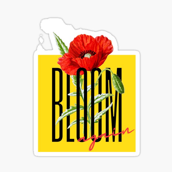 Bloom Again - With a red flower and green leaves in a beautiful bright yellow background Sticker