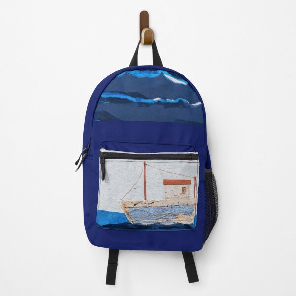 Item preview, Collaged Fishing Boat on Blue Sea designed and sold by Kathy Gales.