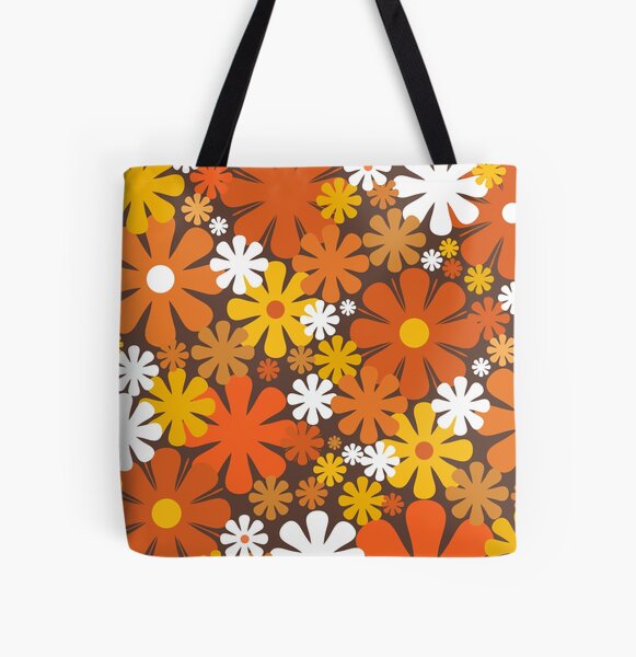 70's Vintage Flower Power Pattern, Groovy Orange, Yellow Green Floral Retro  Leather Shoulder Bag