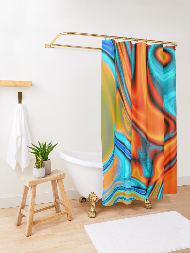 Alternate view of vivid modern Southwest hipster turquoise orange swirls Shower Curtain