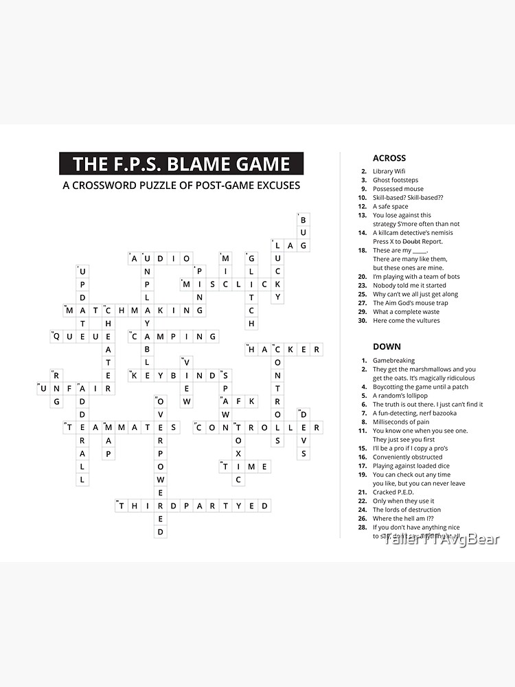 Crossword Puzzle for F P S Post Game Excuses Sticker for Sale by