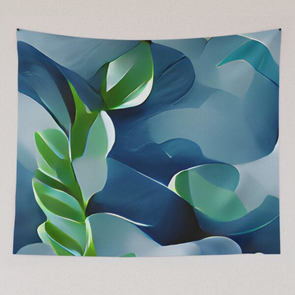 Item preview, moody blue green leaf modern mid-century original art designed and sold by Surrealarts727.