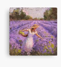 Lienzo Mujer escogiendo lavanda en un campo con un vestido blanco - Lady Lavender - Plein Air Painting