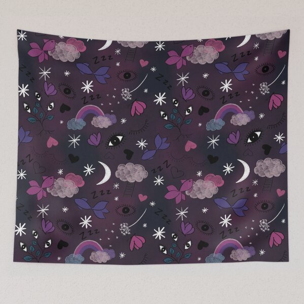 Item preview, In my dreams - whimsical repeating pattern with clouds, fish, moon, stars, eyes, butterflies, rainbows, hearts, ladders, dandelions, and a strange plant with eyes Zzz designed and sold by anaskwi.