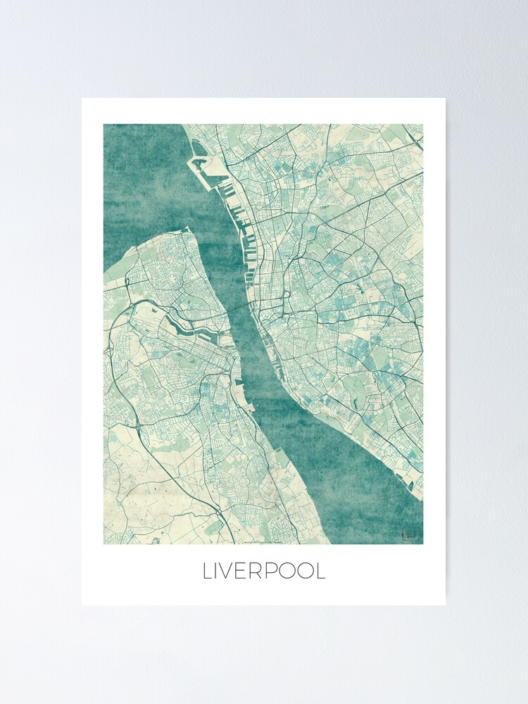 Alternate view of Liverpool Map Blue Vintage Poster