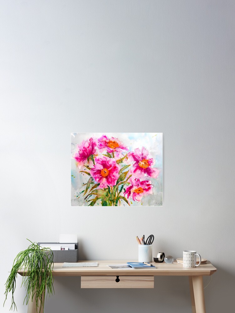 Pink peonies wall art, Watercolour flower painting, Bright pink