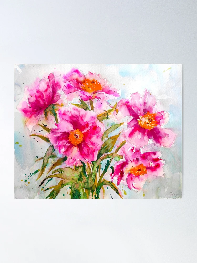 Wall Art Print, Pink flowers, watercolor painting