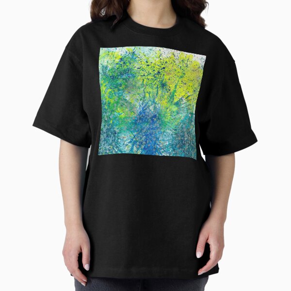 Our Earth Is Always Breathing #532 New Age 5D Original Hand-painted Abstract Painting Detail 1 In Teal Blue Green Yellow Inspired By Spring Summer Nature Moss Funga Flora Plants Under The Sea World Oversized T-Shirt