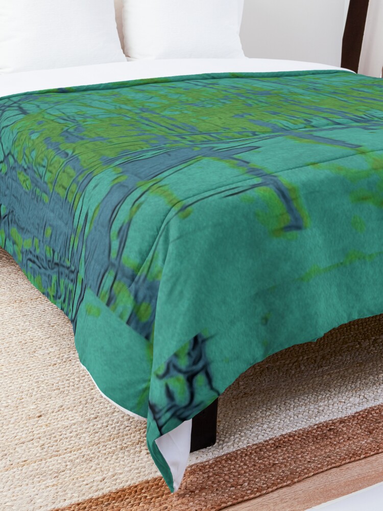 Alternate view of Nature Lovers Gift - Into the Woods - Teal Blue Green Abstract Nature Art Comforter