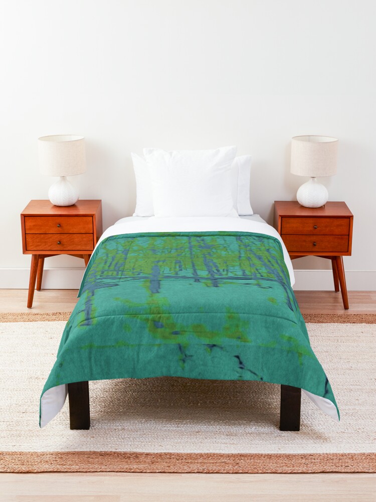 Alternate view of Nature Lovers Gift - Into the Woods - Teal Blue Green Abstract Nature Art Comforter