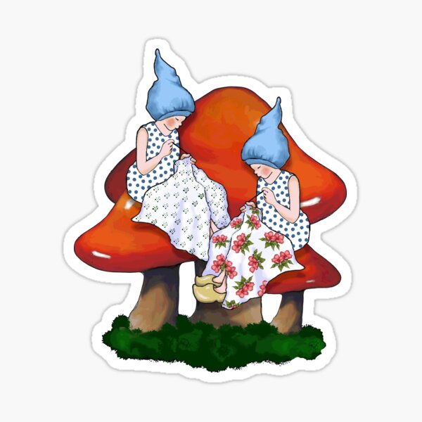 Item preview, Gnomes Sewing: Gnome Girls on Toadstools, Fantasy Art designed and sold by JoyfulWhimsy.