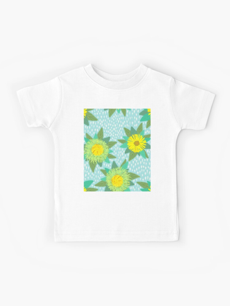 Camiseta para niños «flor amarilla hojas moradas en azul» de Maygetsu |  Redbubble