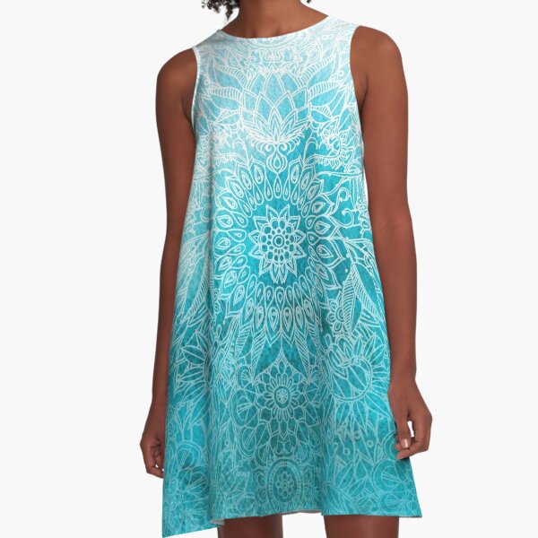 Fade to Teal - watercolor + doodle A-Line Dress