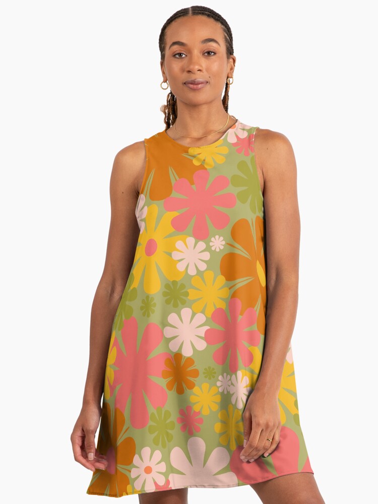 Retro 60s 70s Aesthetic Floral Pattern In Green Pink Yellow Orange Spring A-Line Dress