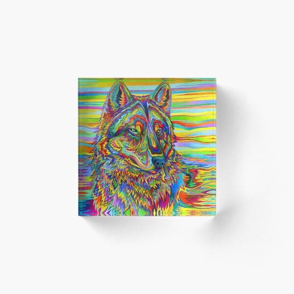 Colorful Psychedelic Rainbow Wolf Acrylic Block
