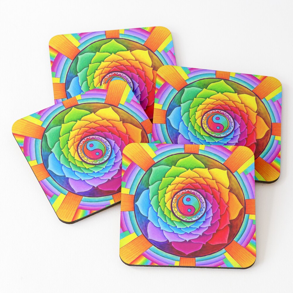 Healing Lotus Rainbow Yin Yang Psychedelic Mandala Coasters (Set of 4)