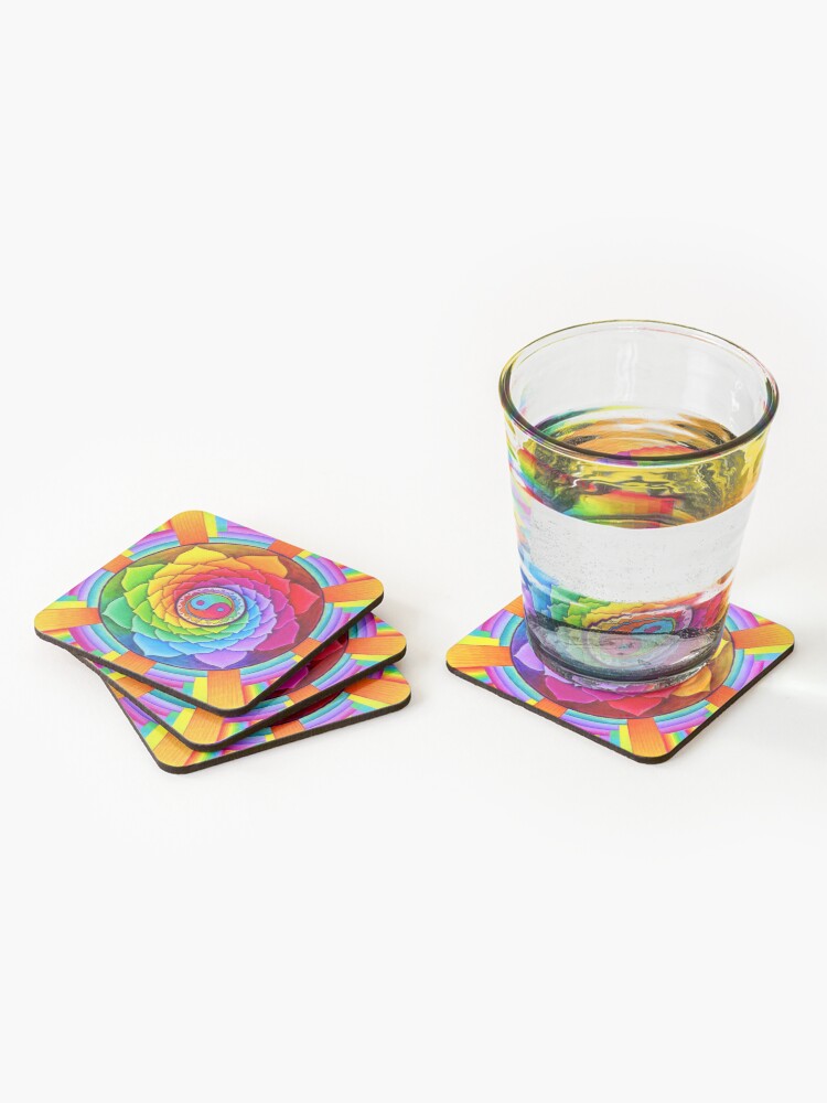 Alternate view of Healing Lotus Rainbow Yin Yang Psychedelic Mandala Coasters (Set of 4)