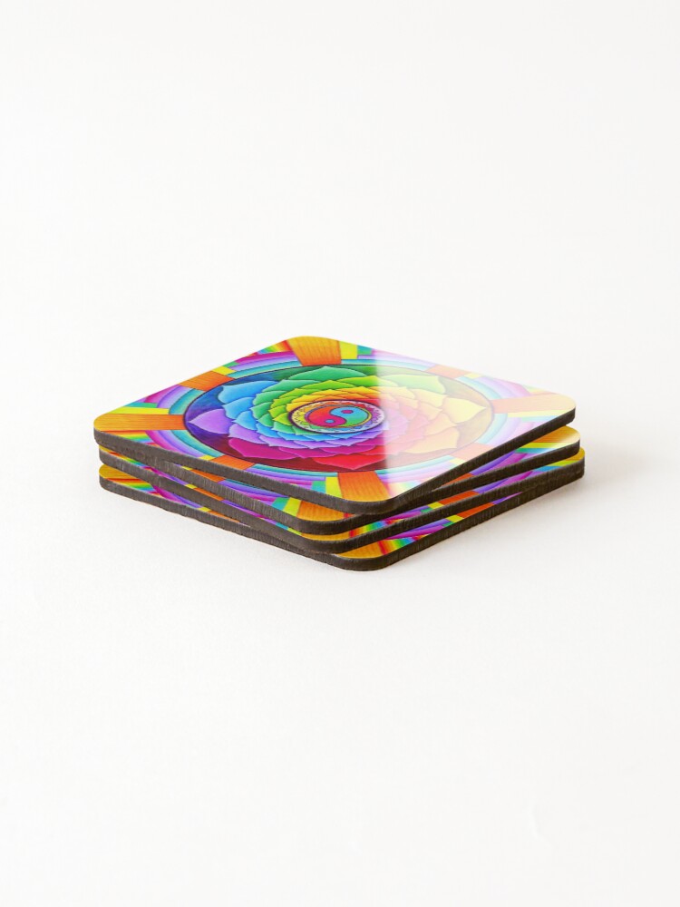 Alternate view of Healing Lotus Rainbow Yin Yang Psychedelic Mandala Coasters (Set of 4)