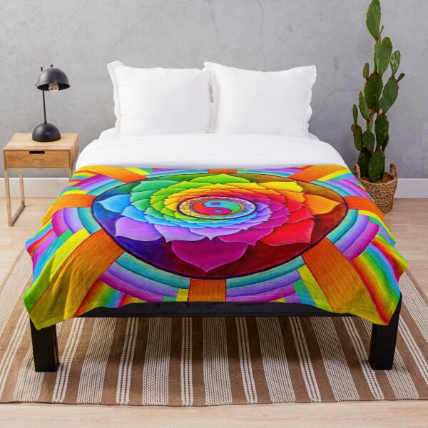 Healing Lotus Rainbow Yin Yang Psychedelic Mandala Throw Blanket
