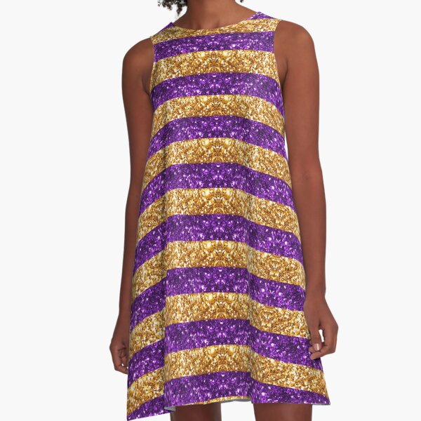 Purple and Gold Glitter Stripes Baton Rouge New Orleans Nola Louisiana Los Angeles California A-Line Dress