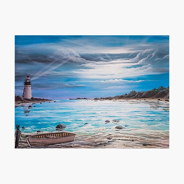 Item preview, Row Boat and Lighthouse Ocean Scene, original painting by Vicki Alder designed and sold by Vicki Alder.