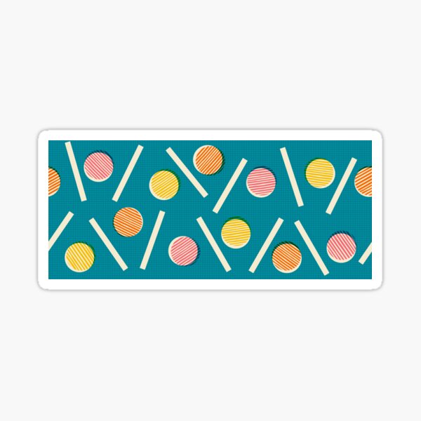 Cheerful retro circles and rectangles in retro yellow, orange & pink on a vintage blue checkered background vintage blue, orange, yellow & pink with stripes Sticker