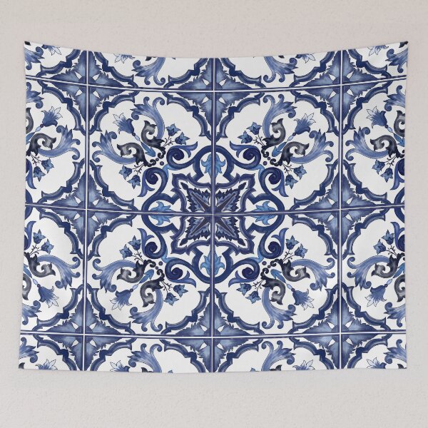 Item preview, Blue Ornate Floral Mediterranean Sicilian Tile designed and sold by SydneyPapierCo.