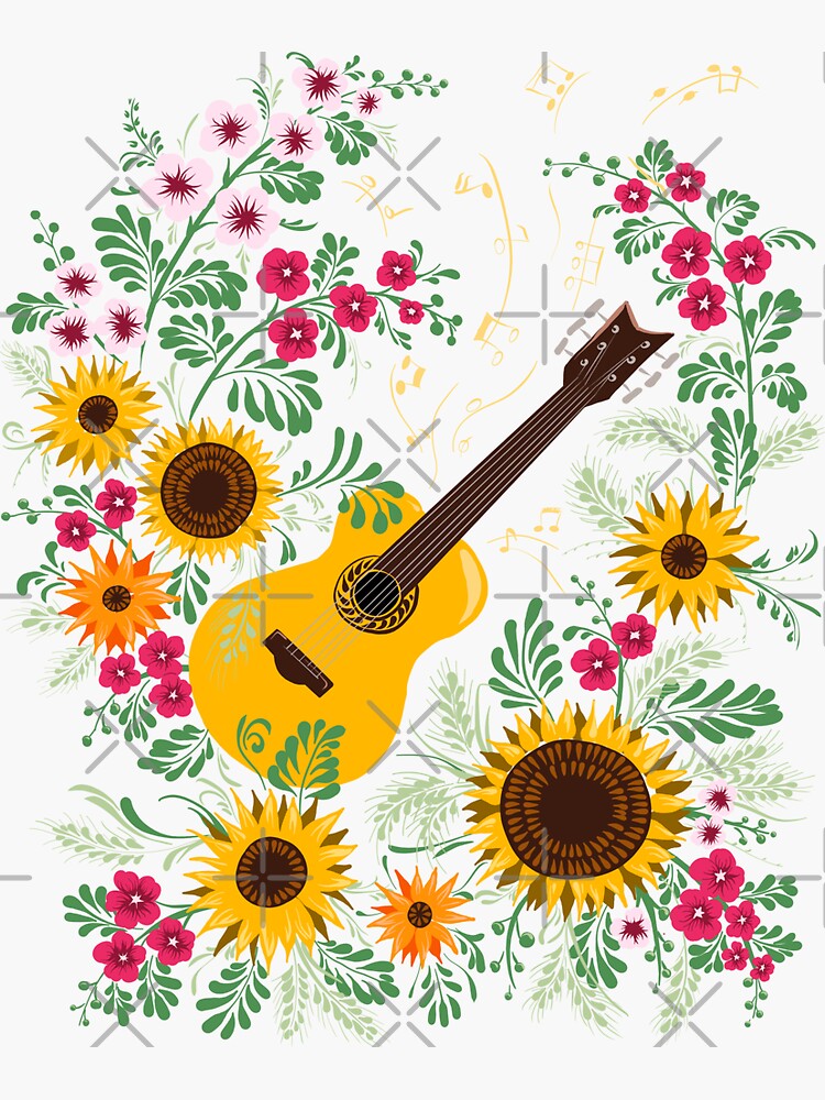 "Acoustic Guitar Music Ukraine Sunflowers Floral Ukrainian Vyshyvanka" Sticker for Sale by r