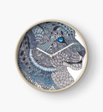 Blue Zentangle Snow Leopard and Snowflakes Clock