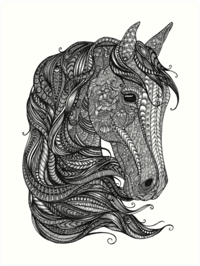 Download "Black and White Zentangle Horse Head" Art Prints by ...