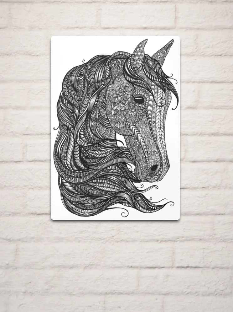 Black and White Zentangle Horse Head | Metal Print