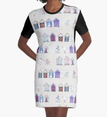 Beach Huts, Bournemouth - on grey - original watercolour pattern by Cecca Designs Graphic T-Shirt Dress