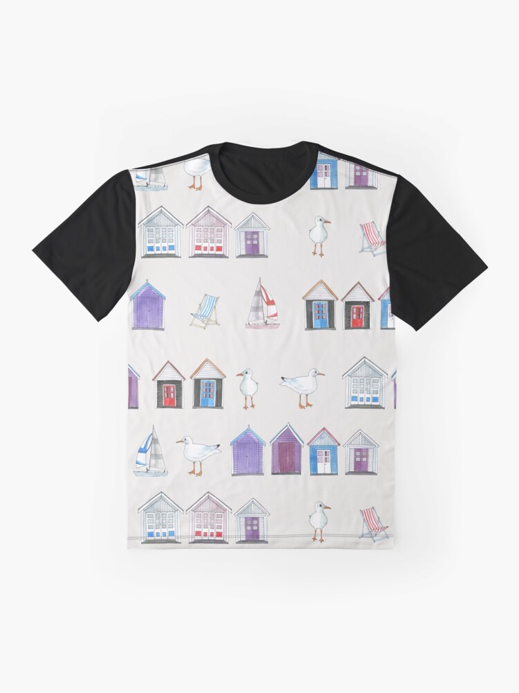 Thumbnail 4 of 5, Graphic T-Shirt, Beach Huts, Bournemouth - on grey - watercolour pattern by Cecca Designs designed and sold by Cecca-Designs.